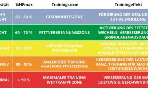 Tabelle zeigt Trainingszonen und Trainingseffekte basierend auf der Herzfrequenz beim Sport (%HFmax).