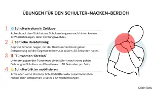 Übungen für den Schulter-Nacken-Bereich, die bei Verspannungen im Hals seitlich Symptome lindern können. Illustration zeigt eine Person mit Schmerzpunkt am Nacken.