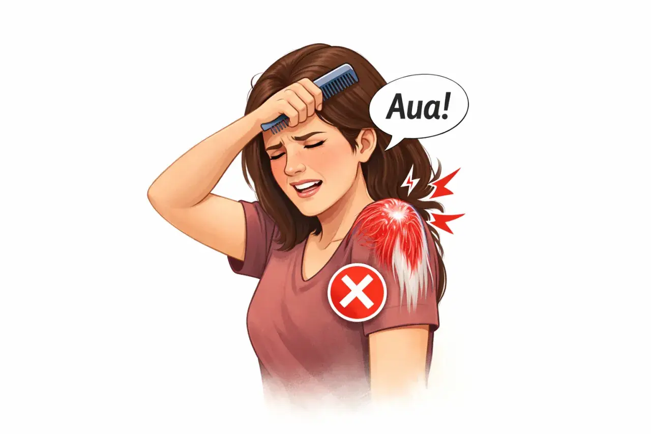 Frau mit schmerzender Schulter, die sich den Kopf kämmt. "Aua!" deutet auf die psychischen Ursachen von Frozen Shoulder hin.